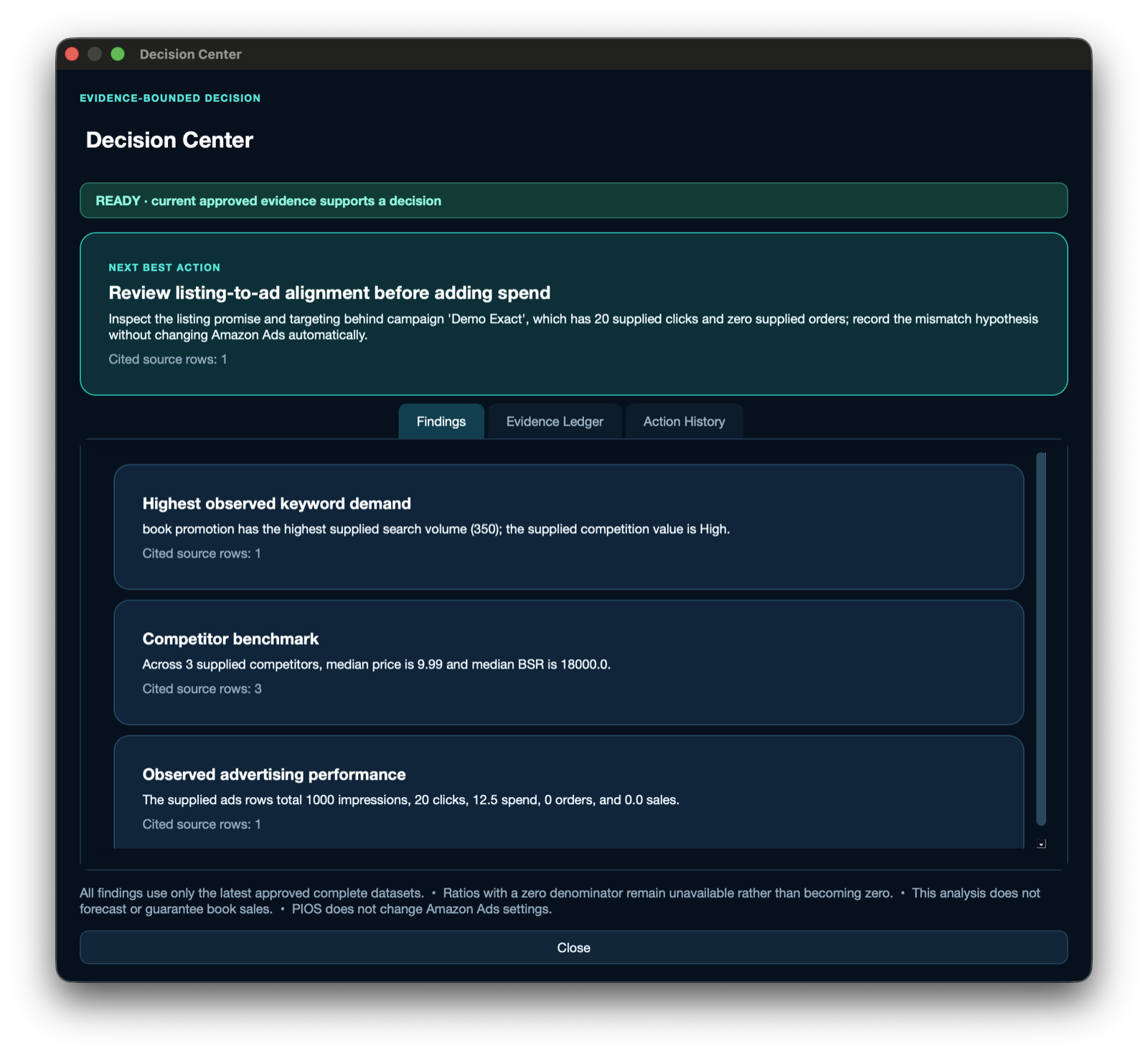 PIOS Decision Center with cited findings and one Next Best Action, English interface